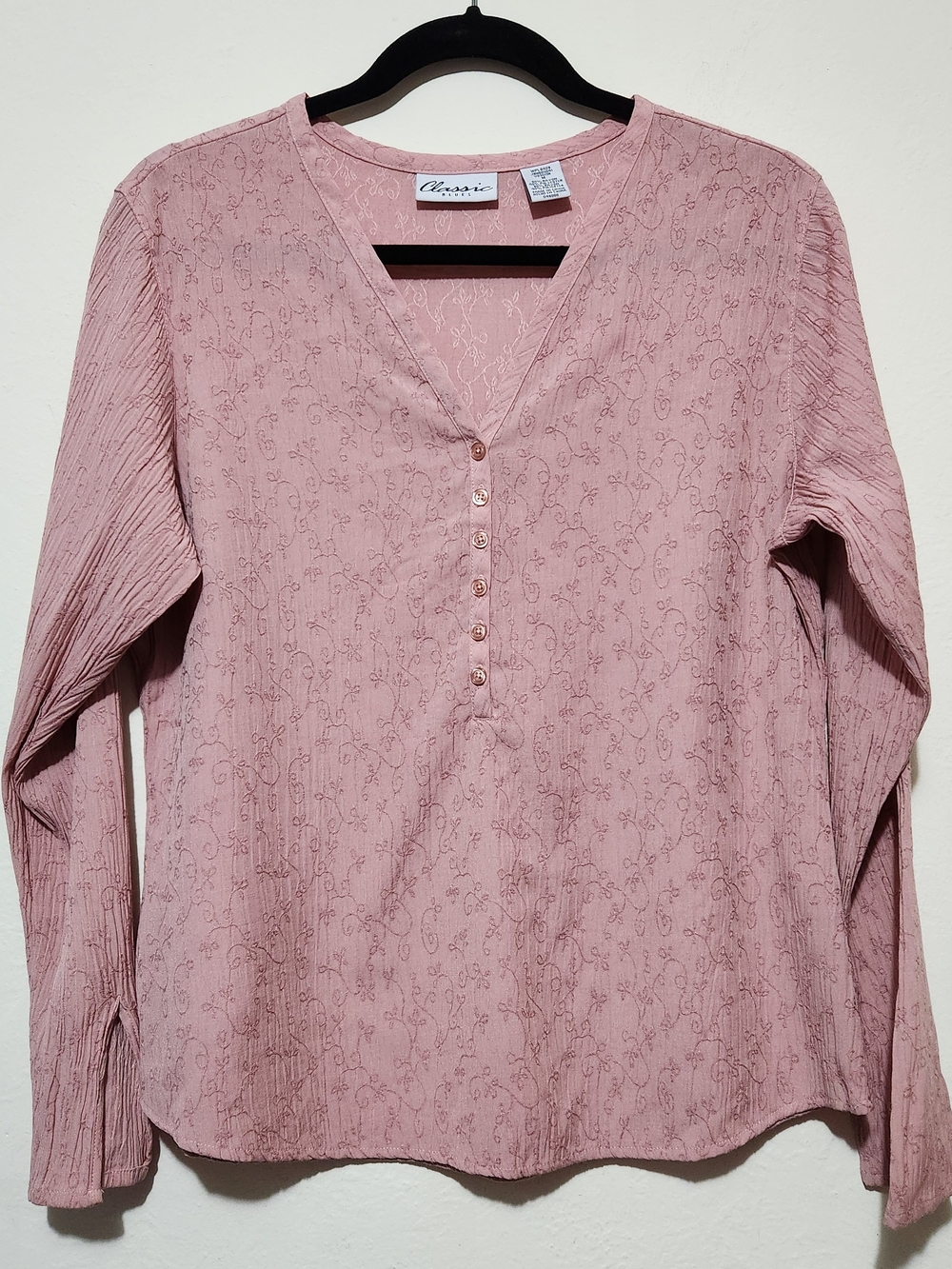 Classic Blues Long Sleeve Blouse V-Neck Dusty Rose Pink Size M C02-0207